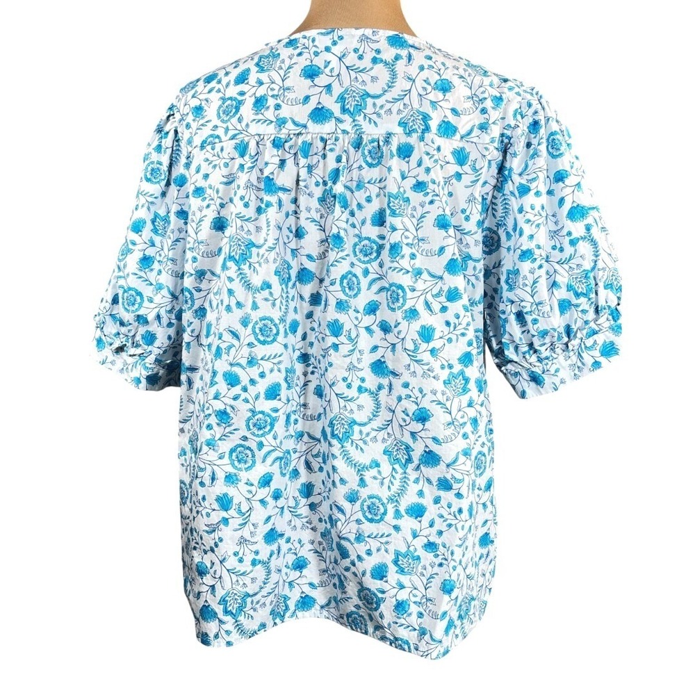 NOT FOR SALE Cotton Blouse Blue Floral Pouf Sleeves Feminine Pretty XXL - Picture 3 of 6